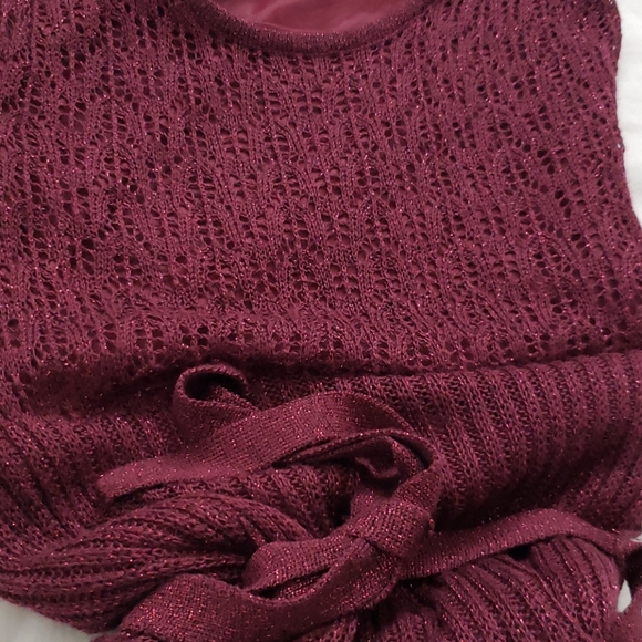 KERSH - Sparkly Holiday Burgundy Knit Dress Tie Waist Crochet Lace S Sma… - Picture 4 of 6